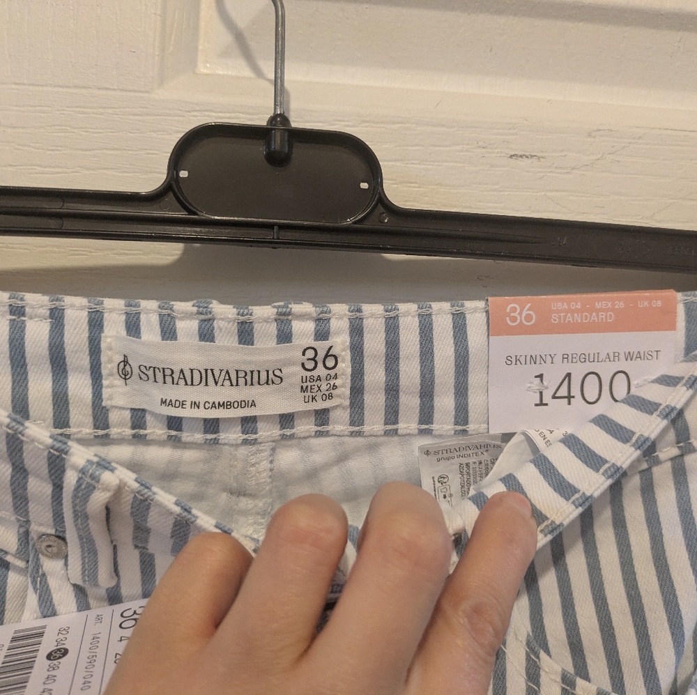 Stradivarius 1400 Mid Rise skinny jeans White Blue Stripes New! - Picture 8 of 13